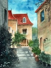 Watercolor illustration of an old town street with sunlit houses and  some pots with plants