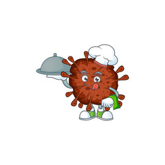 Poster - chef cartoon character of infection coronavirus with food on tray