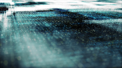 Fototapete - Futuristic digital generated image abstract matrix particles de-focus grid in cyber space digital background environment