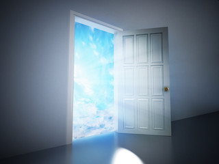 Wall Mural - Open door in the dark room leading to the blue sky. 3D illustration