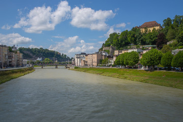 Panorama of Salzach river, bridge and old town Salzburg