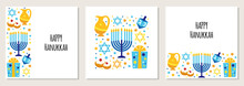 Cute Set Of Happy Hanukkah, Festival Of Lights Backgrounds In Flat Style