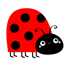 Lady Bug Ladybird Insect Icon. Side View. Cute Cartoon Kawaii Funny Baby Character. Big Eyes. Red Black Color Dot. Love Greeting Card. Happy Valentines Day. Flat Design. White Background.