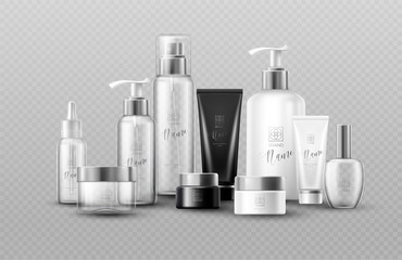 Cosmetic bottle mock up set isolated packages on gray background. Real transparency effect. Vector illustration