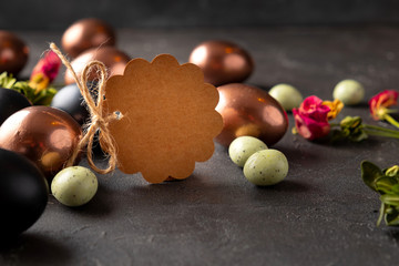 Wall Mural - Blank brown tag with Easter eggs. Happy Easter greeting card