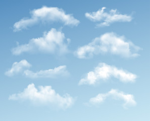 Wall Mural - set of transparent different clouds isolated on blue background. real transparency effect. vector il