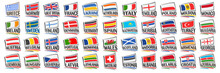 Vector Set Of European Countries Flags, 44 Decorative Isolated Labels With National State Flags And Brush Font For Different Words On White Background, Tourist Stickers For European Independence Day.