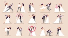 Wedding Couples. Bride In Wedding Dress, Just Married Couple And Marriage Ceremony Cartoon Vector Illustration Set. Bride And Groom, Couple Marriage Ceremony