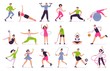 People performing sports activities. Vector illustration set. Character activity training, fitness and action, performing together