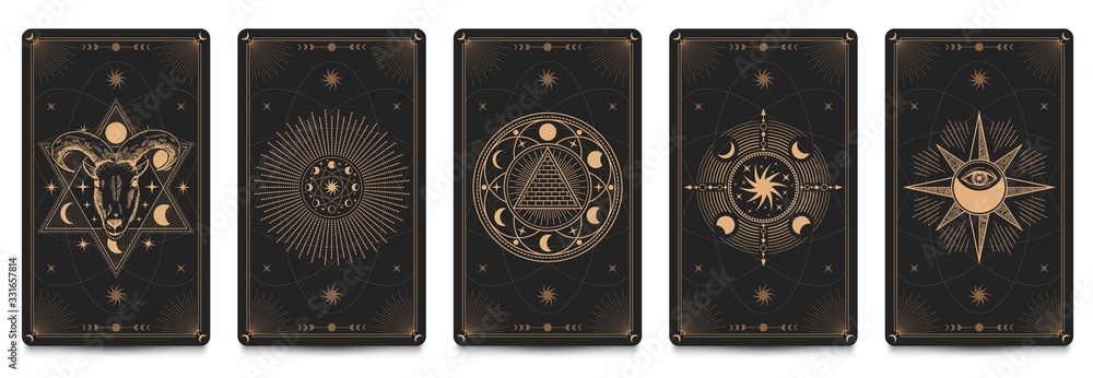 Mystic frame card. Vector illustration set. Divination and prediction cards with emblem mysterious, spirituality esoteric, masonic alchemy symbol - obrazy, fototapety, plakaty 