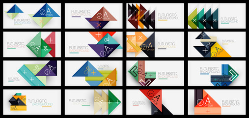Set of abstract backgrounds, geometric business multicolored paper infographics - triangle frames for text, icons or graphics on light backgrounds with copyspace. Vector Illustrations