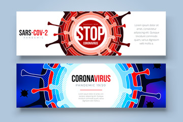 Coronavirus COVID-19 SARS-CoV-2 Social media Banner on a color background. Virus infections prevention. Deadly type of virus 2019-nCoV. Coronavirus microbe vector illustration