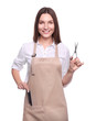 © LumenSt - Young woman in apron isolated on white background. Hairdresser concept