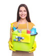 © LumenSt - Young woman in apron isolated on  white background. Cleaning concept