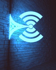 Wall Mural - Wi Fi Network Symbol . Mobile gadgets technology relative image. 3D rendering. Neon bulb street sign illumination