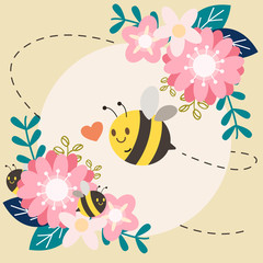 Wall Mural - The character of cute bee with flower and heart. The character of cute bee with a baby black bee and line of dot. The character of cute bee in flat vector style.