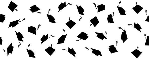 Wall Mural - Seamless pattern of throwing square academic caps with tassel, vector illustration.