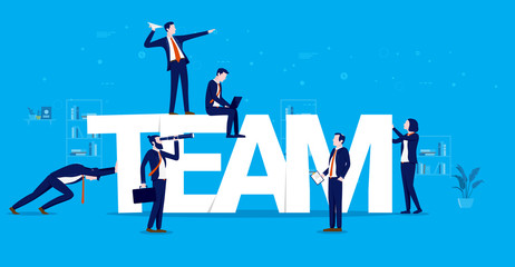 Fototapete - Team work - A group of people working on and around the word team. Team building and cooperation concept. Business vector illustration.