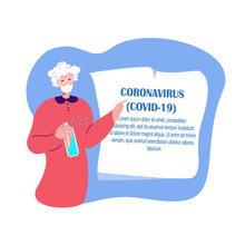Coronavirus Epidemic Warning.Old Pensioner Woman In Medical Face Mask With Antiseptic Sanitize Hands Disinfector.Prevention Measure On Quarantine