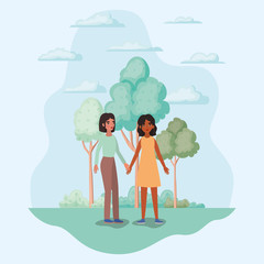 Wall Mural - Women holding hands trees shrubs and clouds vector design