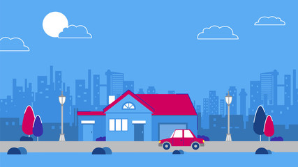 Wall Mural - red car drives to house through the city vector illustration