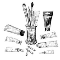 .A set of art materials. A variety of brushes and tubes with paints. Hand-drawn vector illustration of art materials in vintage style. Sketch.