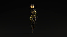 Black Gold Alien Witch With Space Crash Helmet Walking Front View Black Background Front View 3d Illustration 3d Render