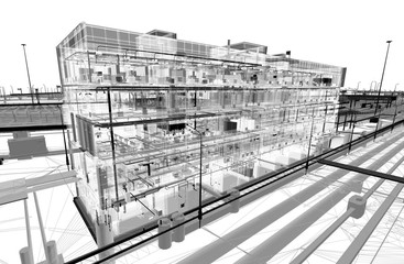 Sticker - Digital image of a BIM model of an office building with transparent walls