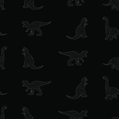 White dinosaurs with grunge texture on black background. Abstract seamless pattern