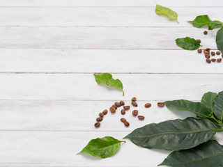 Wall Mural - Roasted coffee beans with coffee leaves.