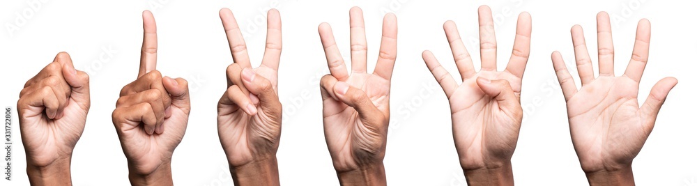 five fingers count signs isolated on white background with Clipping path included. Communication gestures concept - obrazy, fototapety, plakaty 