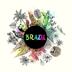 Wall Mural - Poster card composition of hand drawn sketch style Brazil related objects isolated on white background. Vector illustration.