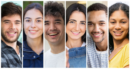 Wall Mural - Positive multicultural student girls and guys portrait set. Happy young diverse men and women in casual multiple shot collage. Positive human emotions concept