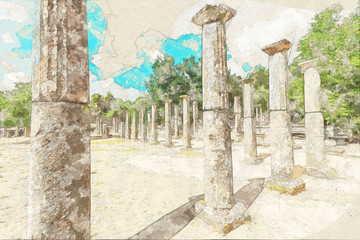 Wall Mural - Postcard watercolor sketch of  ruins in Ancient Olympia, Elis, Peloponnes,  Greece