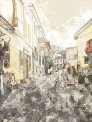 Sticker - Watercolor sketch or illustration of a beautiful view of the city street  architecture of Athens in Greece