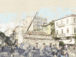 Sticker - Watercolor sketch or illustration of a beautiful view of the city street  architecture of Athens in Greece