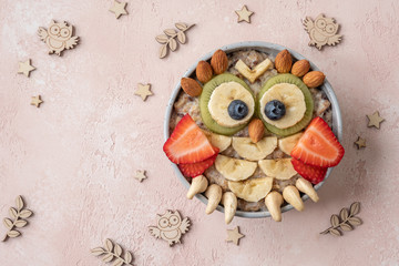 Wall Mural - Cute owl shaped breakfast healthy oatmeal porridge for kids