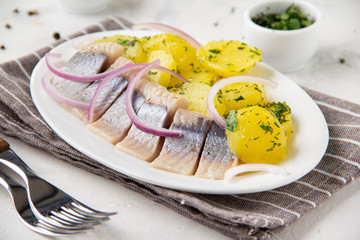 Canvas Print - Pickled herring fillet in oil with potatoes, red onions and herbs, flavorful fish, Russian appetizer, traditional food