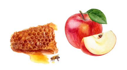 Wall Mural - Honey comb apple set watercolor isolated on white background