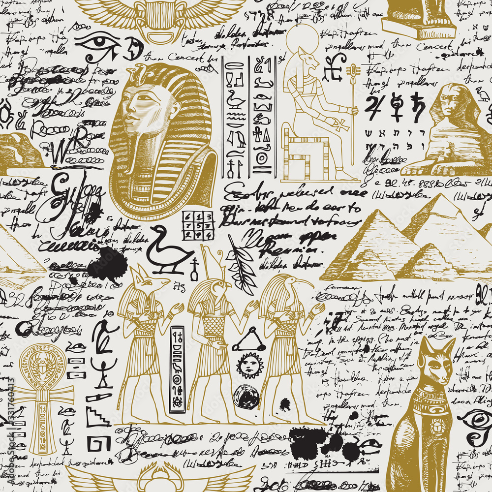 Vector seamless pattern on the Ancient Egypt theme with unreadable notes, hieroglyphs and sketches in retro style. Suitable for wallpaper, wrapping paper, fabric, background. - obrazy, fototapety, plakaty 