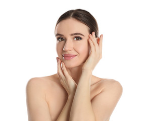 Poster - Portrait of young woman with beautiful face on white background