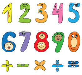 Cheerful cartoon numbers on white background.