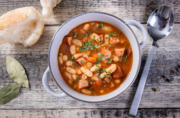 Wall Mural - Baked beans in tomato sauce with chopped sausage