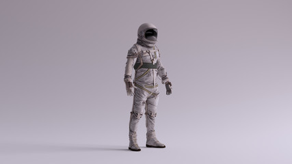 retro astronaut with black visor and silver white spacesuit with light grey background with neutral 