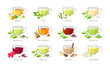 Set of tea of ​​different types. Vector illustration of collection of popular drinks in cartoon flat style. Glass cups isolated on white background.