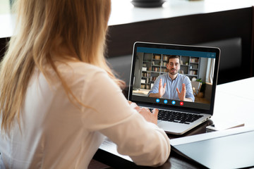 View over shoulder employer listen applicant at job interview online use cam and pc. To prevent spread corona virus covid19 infectious epidemia colleagues working distantly, self-isolation hr concept