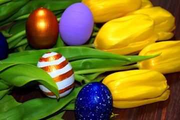 Poster - Easter eggs with yellow tulips