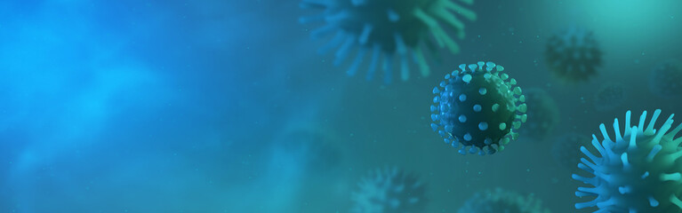 2021 coronavirus pandemic banner. Microscopic view of infectious omicron virus cells. Contagion and propagation of a disease. 3D rendering