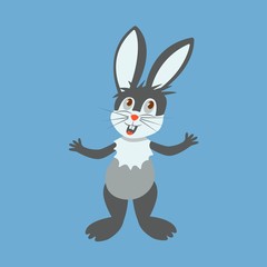 A cute gray hare, rabbit, bunny stands on its hind legs and sings. Happy easter. Nimble wild forest animal. Colorful illustration on a blue background in cartoon style