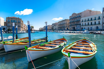 Sticker - Sète in France, typical boats on the quay, in the center